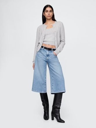 Blugi culotte din denim cu talie mare