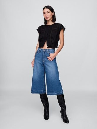 Blugi culotte din denim cu talie mare