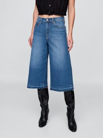 Blugi culotte din denim cu talie mare
