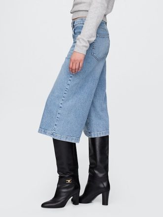 Blugi culotte din denim cu talie mare
