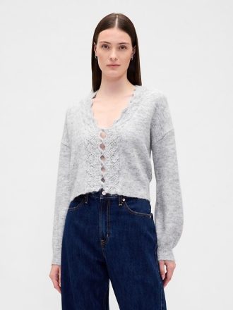 Cardigan crop festonat Fuzzy Pointelle