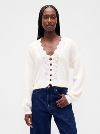 Cardigan crop festonat Fuzzy Pointelle