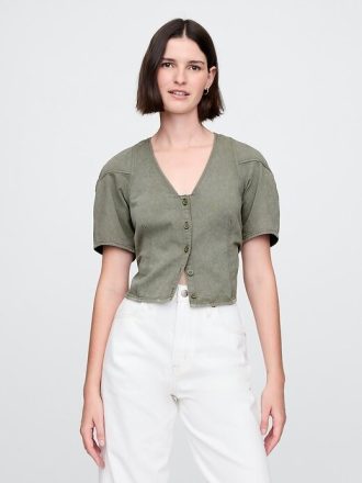 Cămașă crop din denim cu mâneci butoi