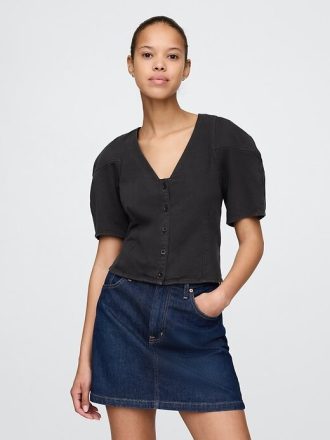 Cămașă crop din denim cu mâneci butoi