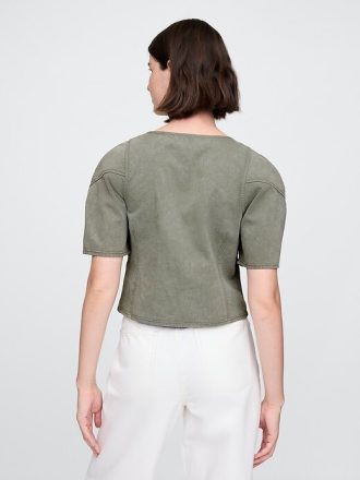Cămașă crop din denim cu mâneci butoi
