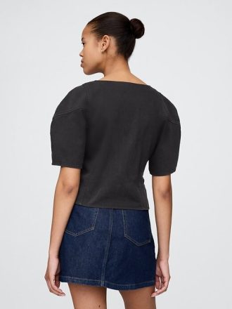 Cămașă crop din denim cu mâneci butoi
