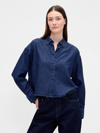 Cămașă crop UltraSoft Denim cu tiv drept