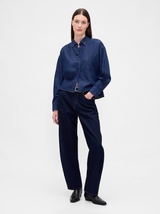 Cămașă crop UltraSoft Denim cu tiv drept