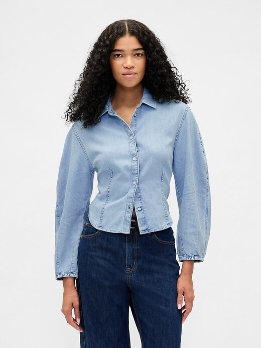 Cămașă din denim cu mânecă cu balon Cămașă din denim cu mânecă cu balon