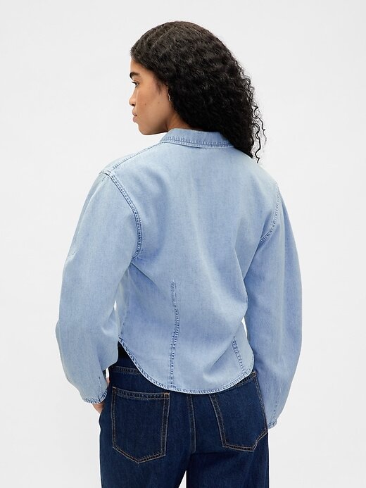 Cămașă din denim cu mânecă cu balon Cămașă din denim cu mânecă cu balon