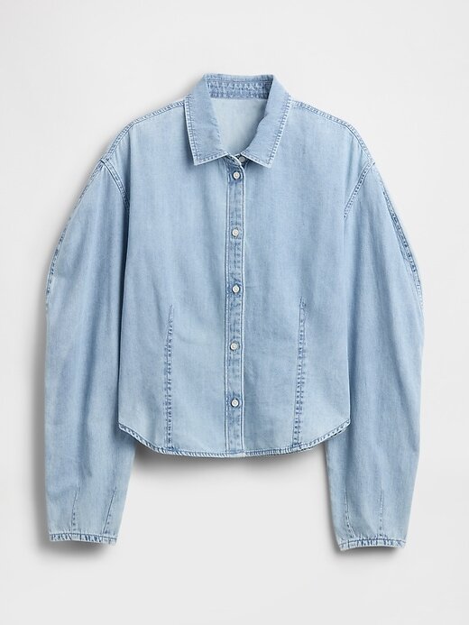 Cămașă din denim cu mânecă cu balon Cămașă din denim cu mânecă cu balon
