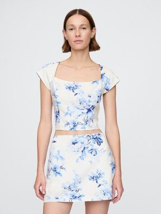 Crop top cu mâneci tip șapcă din amestec de in