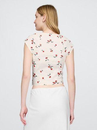 Crop top cu mâneci tip șapcă din amestec de in