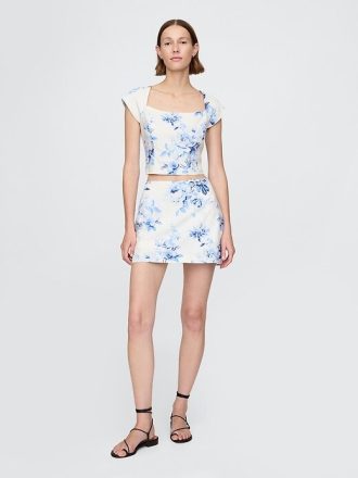 Crop top cu mâneci tip șapcă din amestec de in