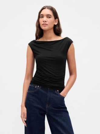 Crop top cu umăr negru