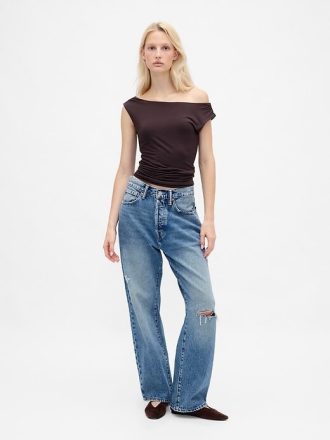 Crop top cu umăr negru