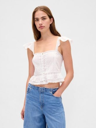 Crop Top cu Volane din Dantela Voile Peplum