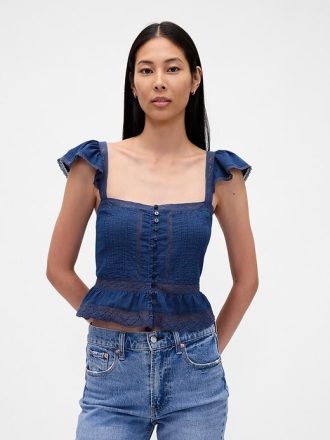 Crop Top cu Volane din Dantela Voile Peplum
