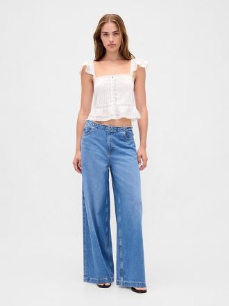 Crop Top cu Volane din Dantela Voile Peplum