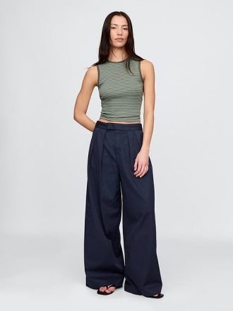 Kaki cu picioare largi plisate din twill cu talie mare
