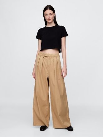 Kaki cu picioare largi plisate din twill cu talie mare