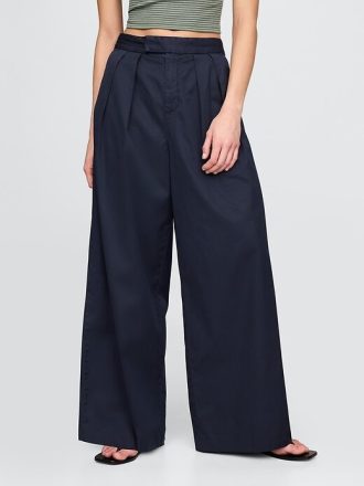 Kaki cu picioare largi plisate din twill cu talie mare