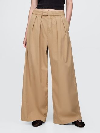 Kaki cu picioare largi plisate din twill cu talie mare
