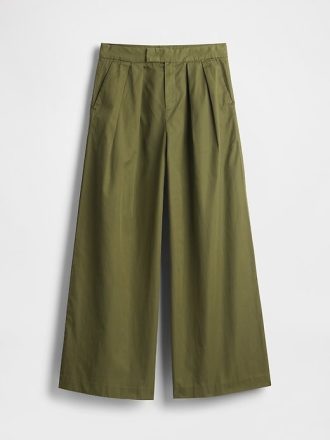 Kaki cu picioare largi plisate din twill cu talie mare