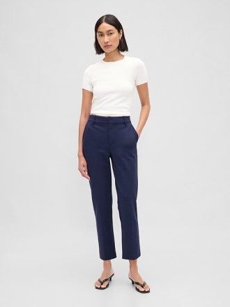 Pantaloni crop subțiri din tricot dublu cu talie înaltă