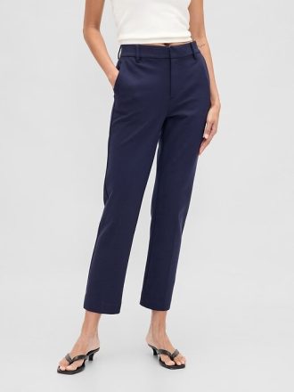 Pantaloni crop subțiri din tricot dublu cu talie înaltă
