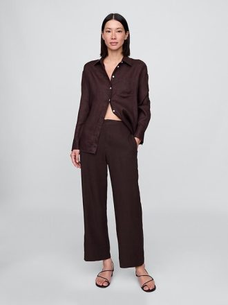 Pantaloni drepti relaxați la gleznă din amestec de in