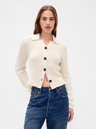 Pulover cardigan cu guler 100% bumbac Pulover cardigan cu guler 100% bumbac
