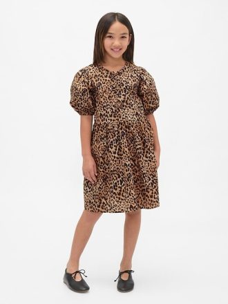 Rochie leopard din popelină cu mâneci bufante