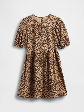 Rochie leopard din popelină cu mâneci bufante