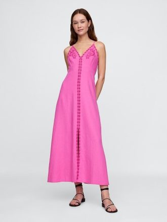 Rochie maxi brodata din amestec de in