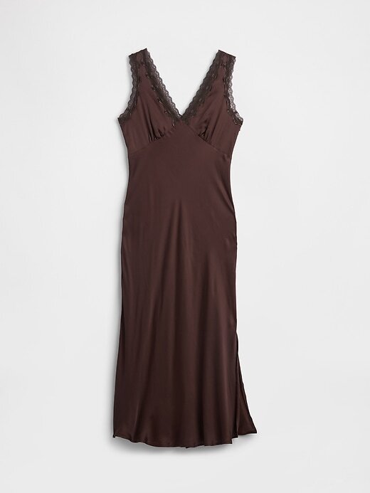 Rochie maxi cu decolteu în V cu dantelă din satin Rochie maxi cu decolteu în V cu dantelă din satin