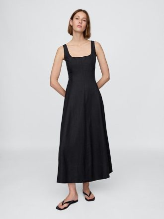 Rochie maxi cu decolteu pătrat din amestec de in