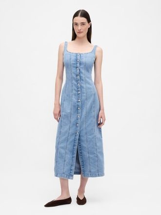 Rochie maxi cu nasturi în față cu cusături din denim