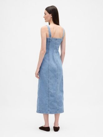 Rochie maxi cu nasturi în față cu cusături din denim
