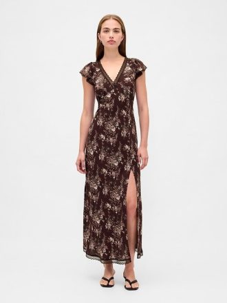 Rochie maxi din crepon cu decolteu în V cu dantelă