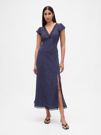 Rochie maxi din crepon cu decolteu în V cu dantelă Rochie maxi din crepon cu decolteu în V cu dantelă
