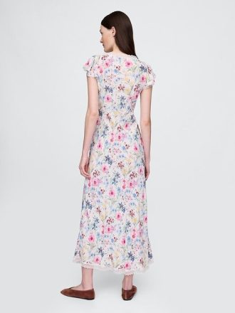 Rochie maxi din crepon cu decolteu în V cu dantelă