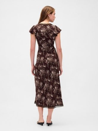 Rochie maxi din crepon cu decolteu în V cu dantelă
