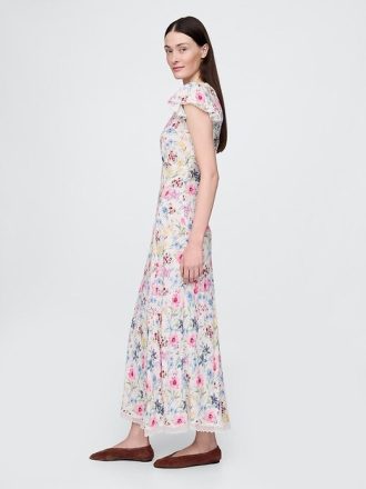 Rochie maxi din crepon cu decolteu în V cu dantelă