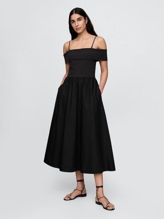 Rochie midi cu umăr dezactivat în compoziție mixtă