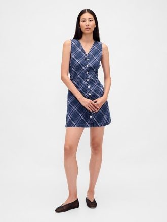 Rochie mini cu decolteu în V din denim în carouri Rochie mini cu decolteu în V din denim în carouri