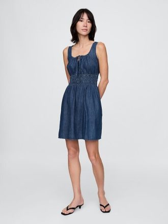 Rochie mini din denim cu cravată în față cu talie fumoasă
