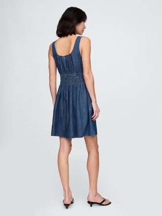 Rochie mini din denim cu cravată în față cu talie fumoasă