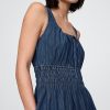 Rochie mini din denim cu cravată în față cu talie fumoasă Rochie mini din denim cu cravată în față cu talie fumoasă