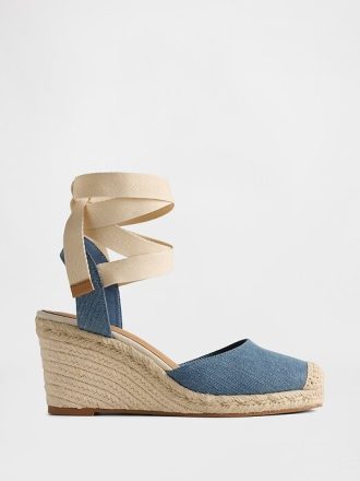Sandale cu pană cu espadrille din denim Sandale cu pană cu espadrille din denim